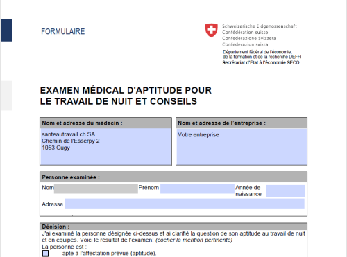 Certificat médical d'aptitude au travail de nuit conforme aux exigences du SECO en Suisse